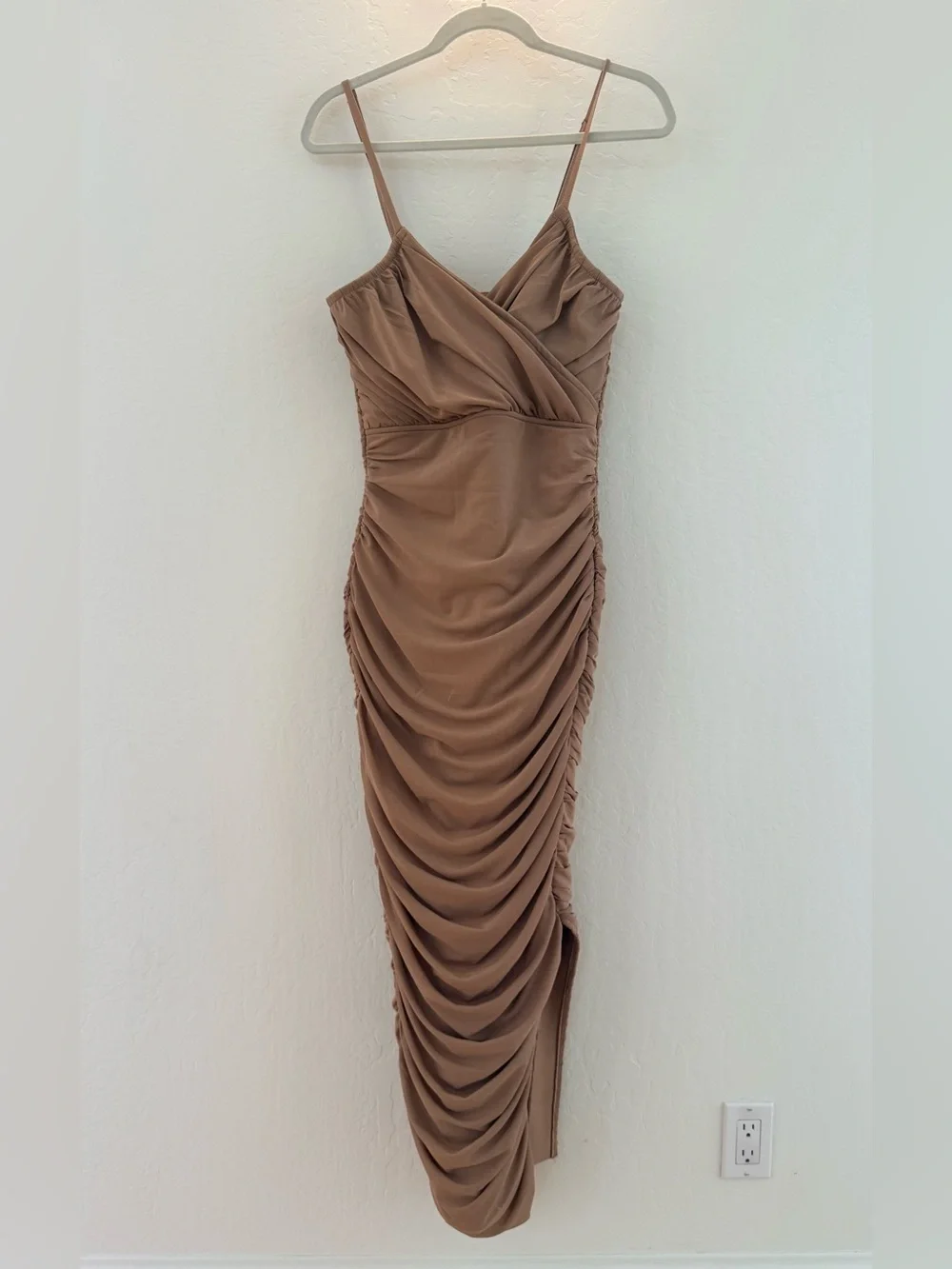 Elliatt Ruched Mesh Pippa Midi Dress in Taupe/Nude